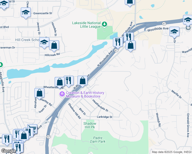 map of restaurants, bars, coffee shops, grocery stores, and more near 11311 Woodside Avenue in Santee