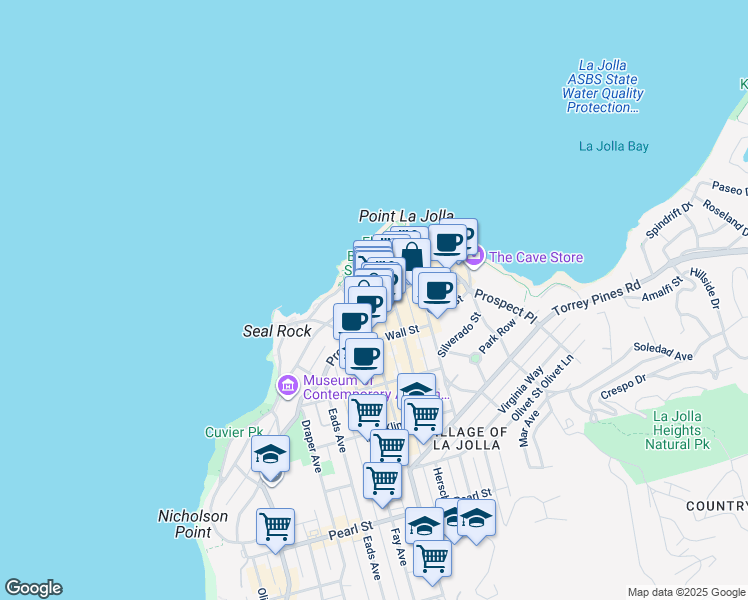map of restaurants, bars, coffee shops, grocery stores, and more near 1043 Coast Boulevard South in San Diego