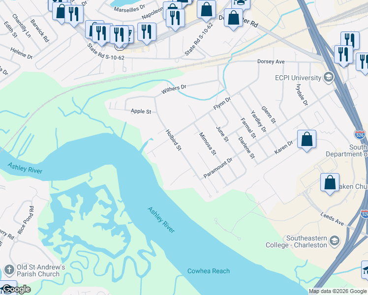 map of restaurants, bars, coffee shops, grocery stores, and more near 4684 Holbird Street in North Charleston