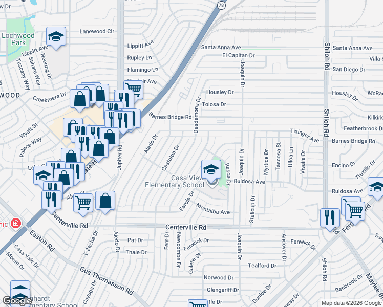 map of restaurants, bars, coffee shops, grocery stores, and more near 11211 Estacado Drive in Dallas