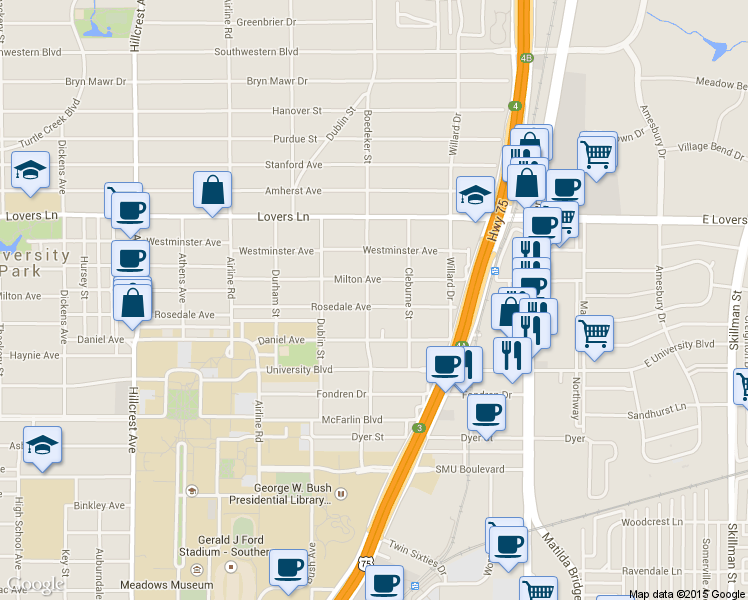 map of restaurants, bars, coffee shops, grocery stores, and more near 2837 Milton Avenue in Dallas
