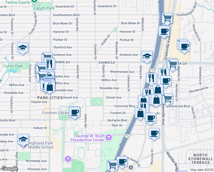 map of restaurants, bars, coffee shops, grocery stores, and more near 2933 Milton Avenue in Dallas
