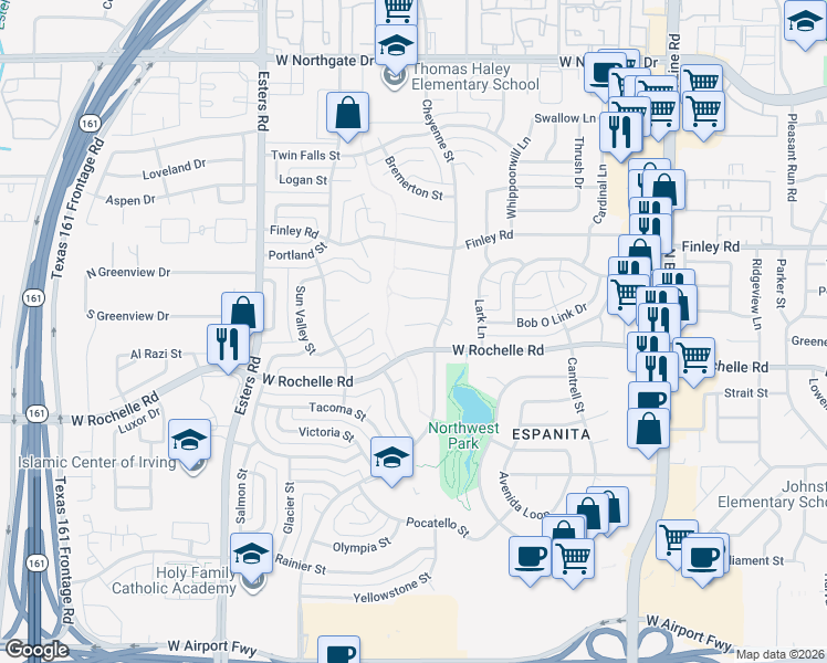 map of restaurants, bars, coffee shops, grocery stores, and more near 3813 Grand Teton Court in Irving