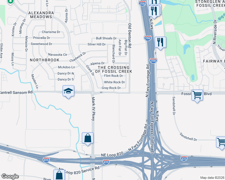 map of restaurants, bars, coffee shops, grocery stores, and more near 2721 Gray Rock Drive in Fort Worth
