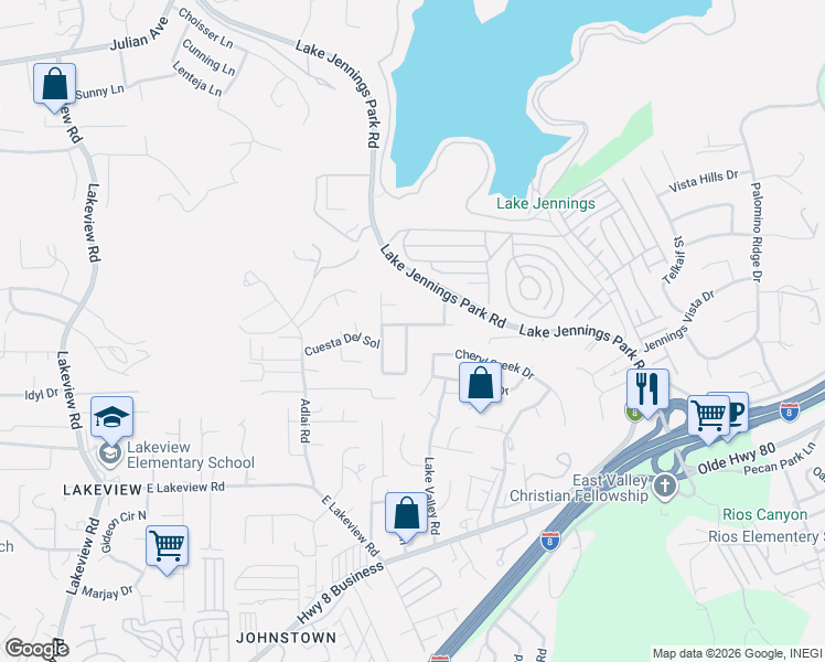 map of restaurants, bars, coffee shops, grocery stores, and more near 13891 Deanly Way in Lakeside