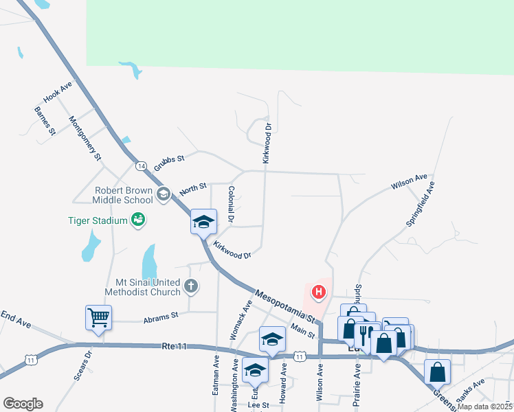 map of restaurants, bars, coffee shops, grocery stores, and more near 165 Kirkwood Drive in Eutaw