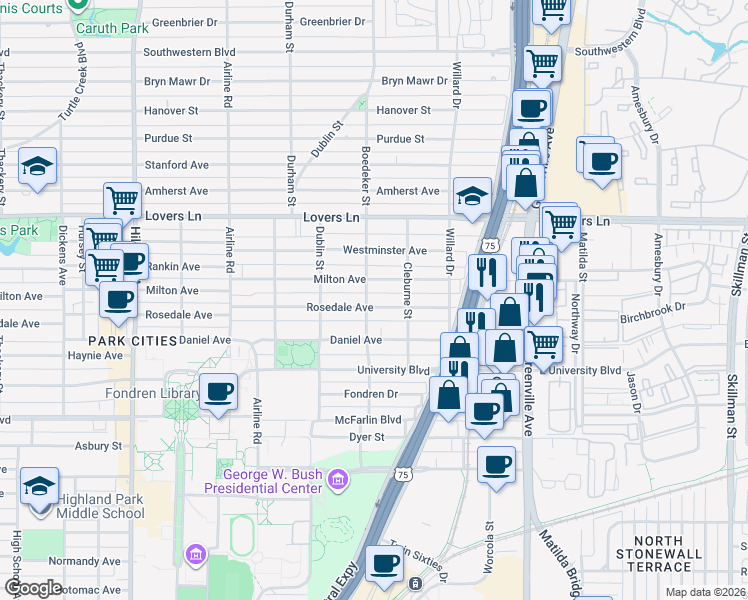 map of restaurants, bars, coffee shops, grocery stores, and more near 2837 Milton Avenue in Dallas
