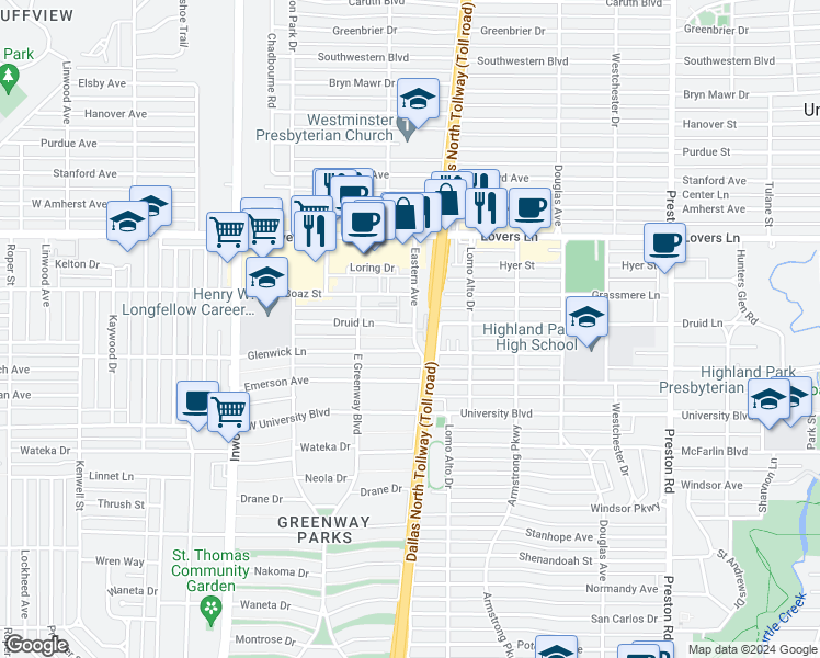 map of restaurants, bars, coffee shops, grocery stores, and more near 5550 Druid Lane in Dallas