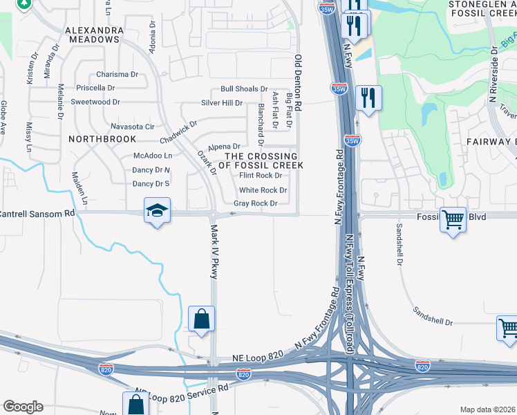 map of restaurants, bars, coffee shops, grocery stores, and more near 2721 Gray Rock Drive in Fort Worth