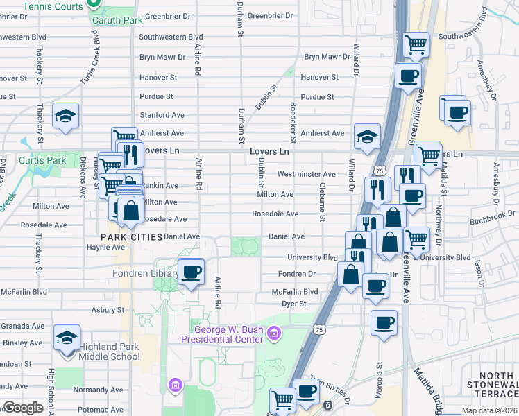 map of restaurants, bars, coffee shops, grocery stores, and more near 2933 Milton Avenue in Dallas