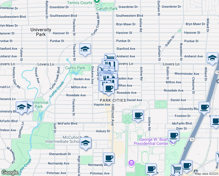 map of restaurants, bars, coffee shops, grocery stores, and more near 6800 Milton Avenue in Dallas