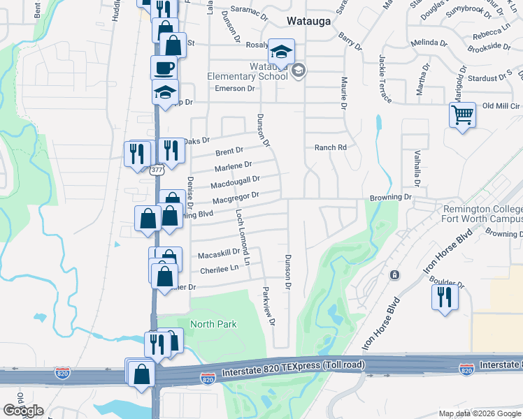 map of restaurants, bars, coffee shops, grocery stores, and more near 5733 Macneill Drive in Haltom City