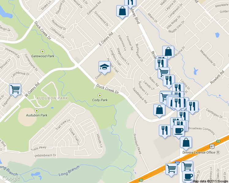 map of restaurants, bars, coffee shops, grocery stores, and more near 5657 Duck Creek Drive in Garland