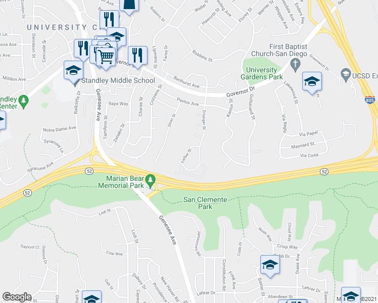 map of restaurants, bars, coffee shops, grocery stores, and more near Ferber Street in San Diego