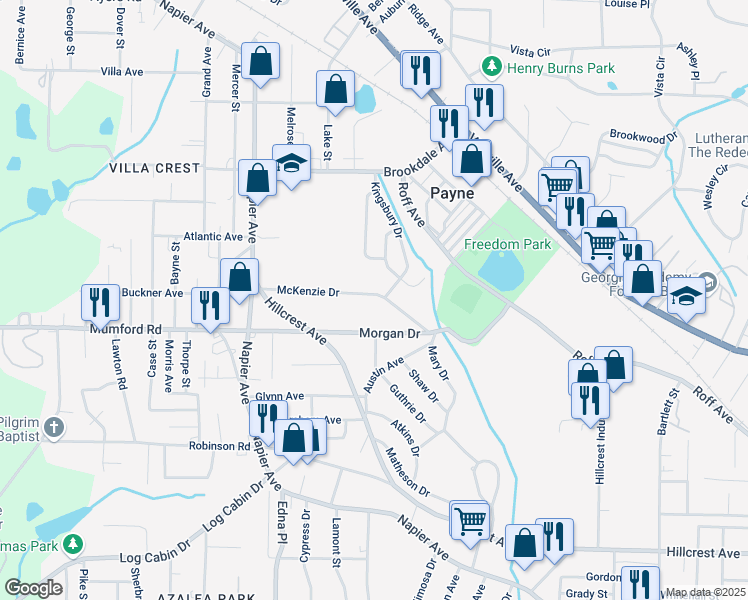map of restaurants, bars, coffee shops, grocery stores, and more near 3498 McKenzie Drive in Macon