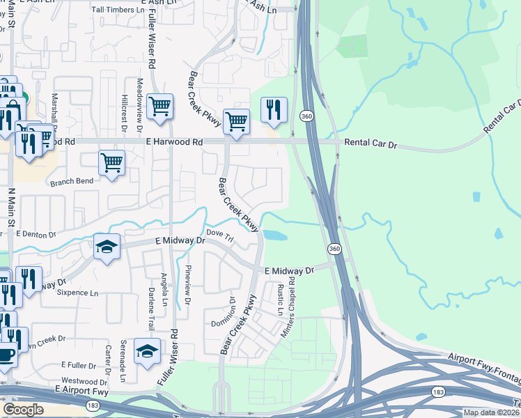 map of restaurants, bars, coffee shops, grocery stores, and more near 1002 Canyon Oak Drive in Euless