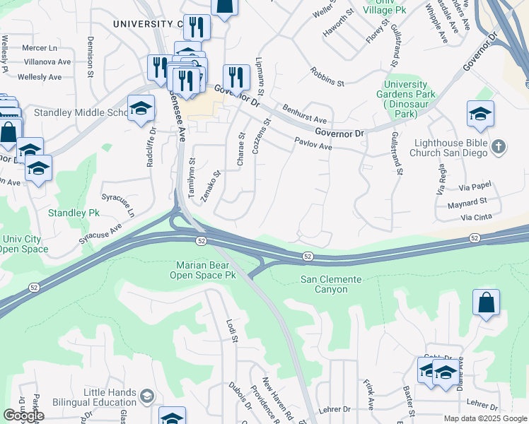 map of restaurants, bars, coffee shops, grocery stores, and more near 5852 Dirac Street in San Diego