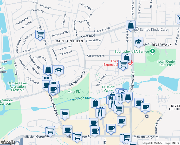 map of restaurants, bars, coffee shops, grocery stores, and more near 104 Wintercreek Place in Santee