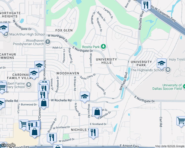 map of restaurants, bars, coffee shops, grocery stores, and more near 3414 Wingren Drive in Irving