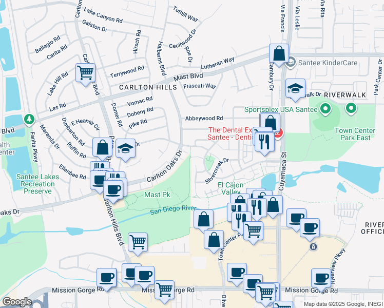 map of restaurants, bars, coffee shops, grocery stores, and more near 104 Wintercreek Place in Santee
