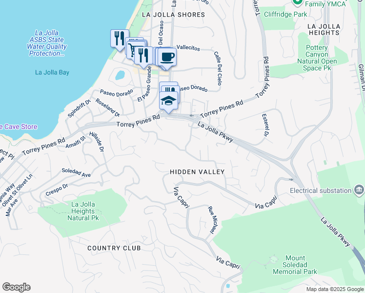 map of restaurants, bars, coffee shops, grocery stores, and more near 7722 East Roseland Drive in San Diego