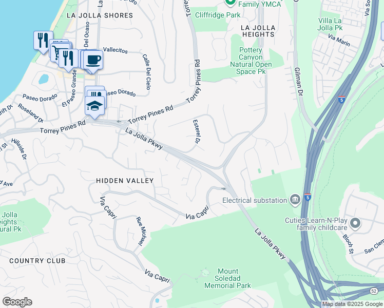 map of restaurants, bars, coffee shops, grocery stores, and more near 7713 Esterel Drive in San Diego