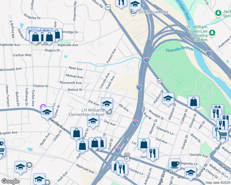 map of restaurants, bars, coffee shops, grocery stores, and more near 1942 Walnut Street in Macon