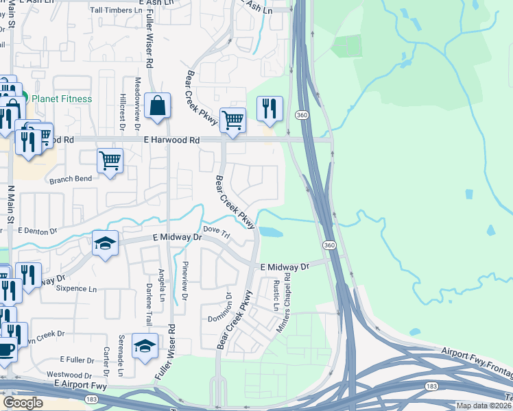 map of restaurants, bars, coffee shops, grocery stores, and more near 1002 Canyon Oak Drive in Euless