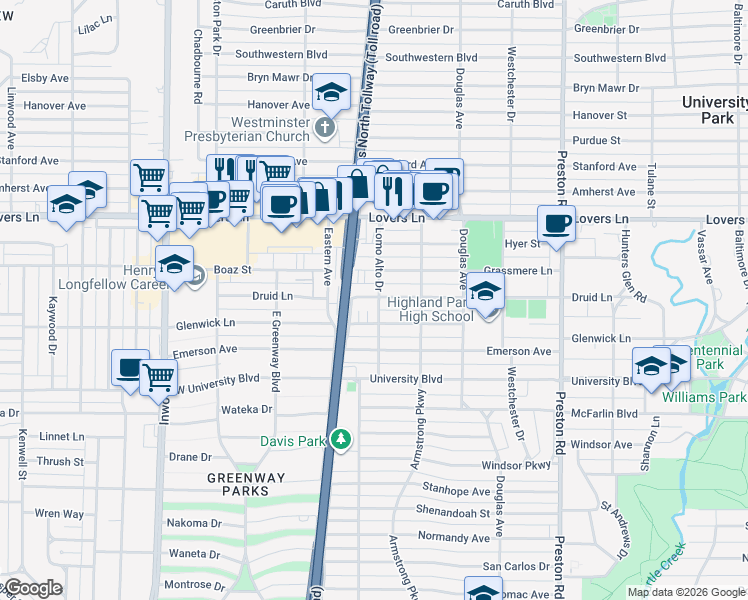map of restaurants, bars, coffee shops, grocery stores, and more near 4526 Druid Lane in Dallas