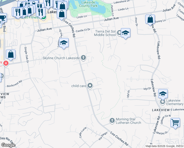 map of restaurants, bars, coffee shops, grocery stores, and more near 9374 Spencer Court in Lakeside
