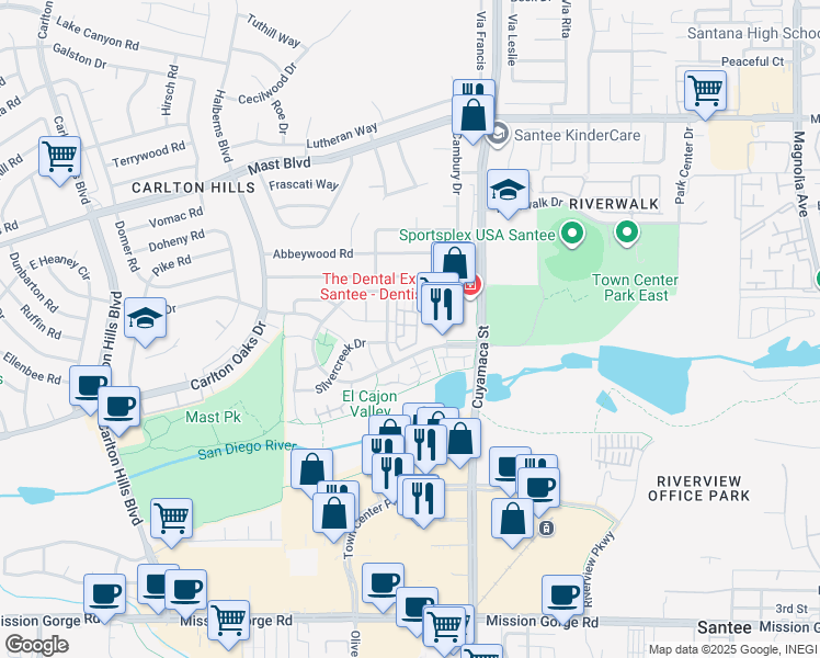 map of restaurants, bars, coffee shops, grocery stores, and more near 405 Whispering Willow Drive in Santee