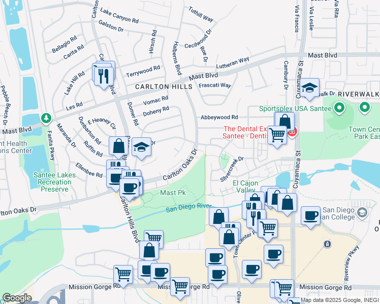map of restaurants, bars, coffee shops, grocery stores, and more near 9468 Carlton Oaks Drive in Santee