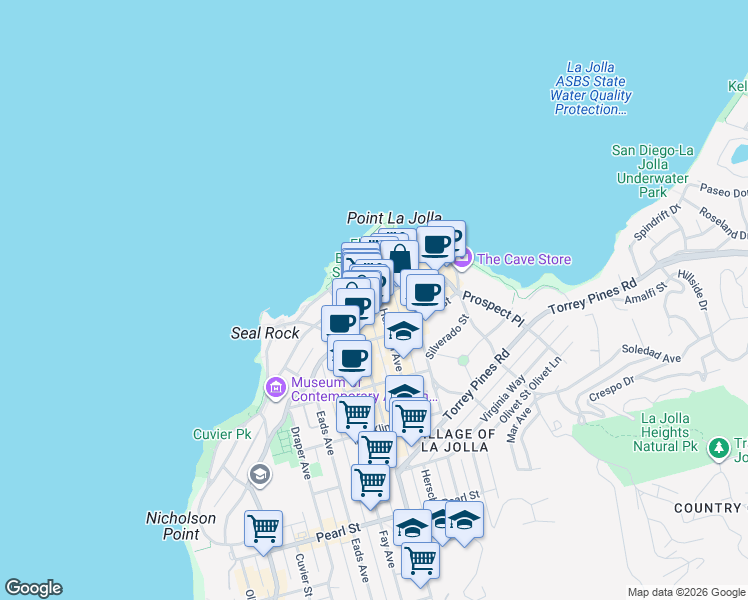 map of restaurants, bars, coffee shops, grocery stores, and more near 1043 Coast Boulevard South in San Diego
