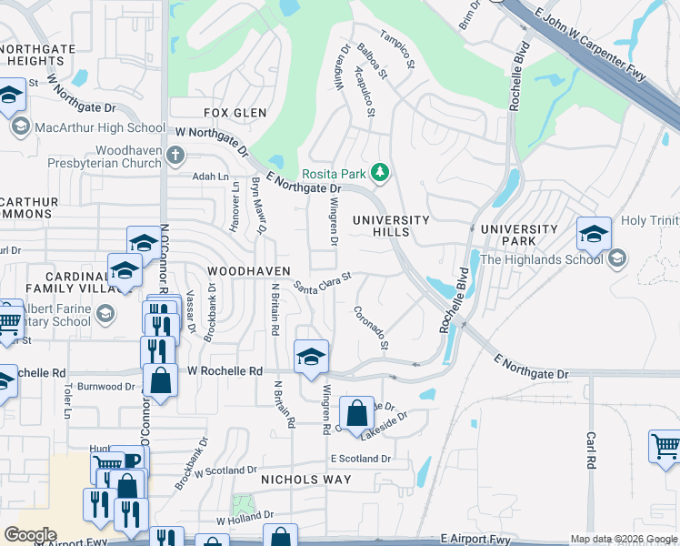 map of restaurants, bars, coffee shops, grocery stores, and more near 3414 Wingren Drive in Irving