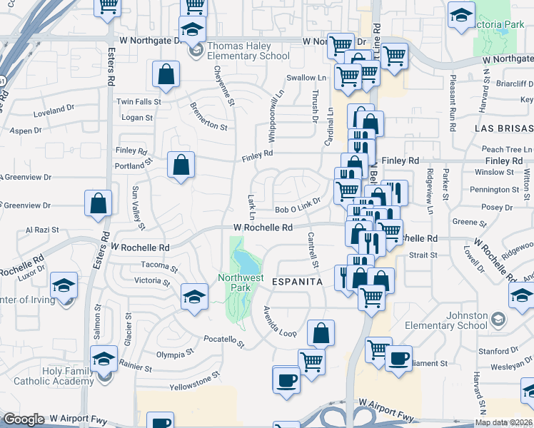 map of restaurants, bars, coffee shops, grocery stores, and more near 3713 Bob O Link Drive in Irving