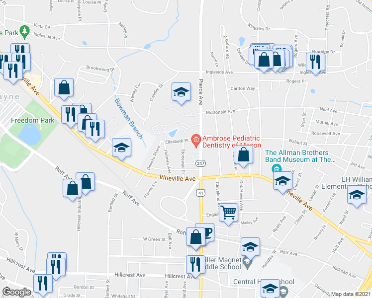 map of restaurants, bars, coffee shops, grocery stores, and more near 171 Stonewall Place in Macon