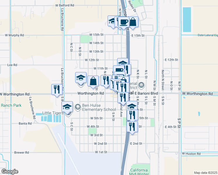 map of restaurants, bars, coffee shops, grocery stores, and more near 220 West 9 Th Street in Imperial