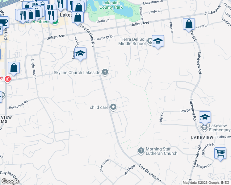 map of restaurants, bars, coffee shops, grocery stores, and more near 9374 Spencer Court in Lakeside