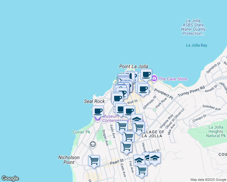 map of restaurants, bars, coffee shops, grocery stores, and more near 939 Coast Boulevard in San Diego