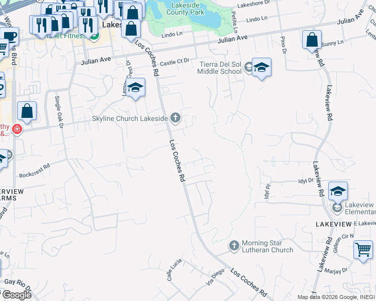 map of restaurants, bars, coffee shops, grocery stores, and more near 9386 Spencer Court in Lakeside