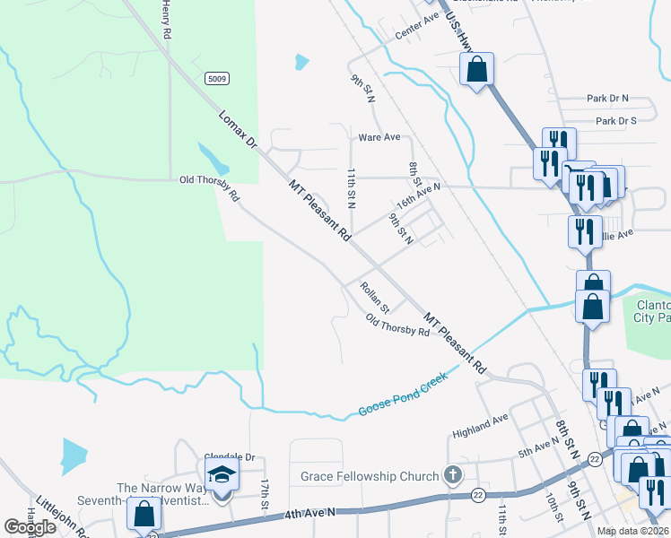 map of restaurants, bars, coffee shops, grocery stores, and more near 1600 Old Thorsby Road in Clanton