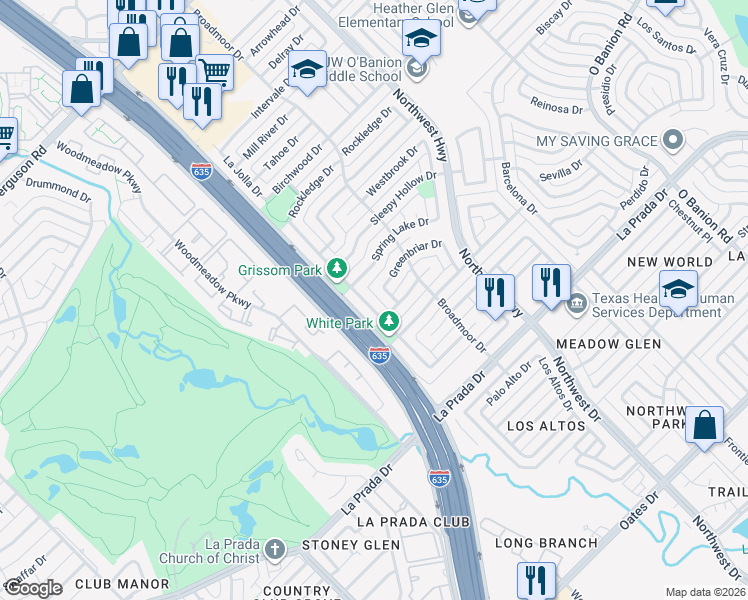 map of restaurants, bars, coffee shops, grocery stores, and more near 1410 Park East Drive in Garland