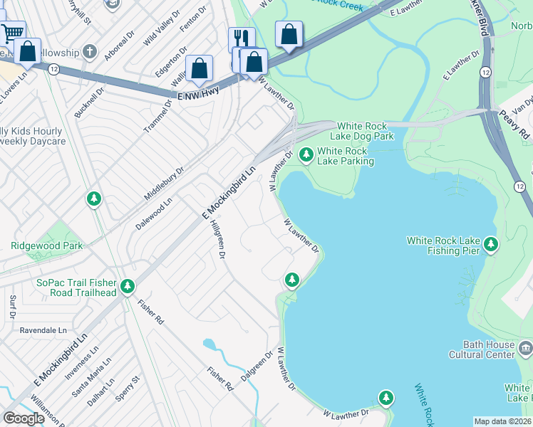 map of restaurants, bars, coffee shops, grocery stores, and more near 7515 Kimberly Lane in Dallas