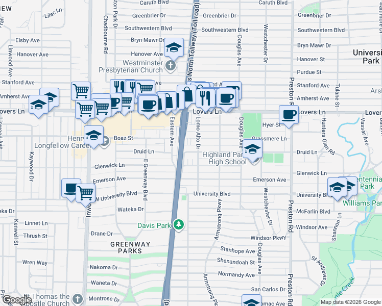 map of restaurants, bars, coffee shops, grocery stores, and more near 4526 Druid Lane in Dallas