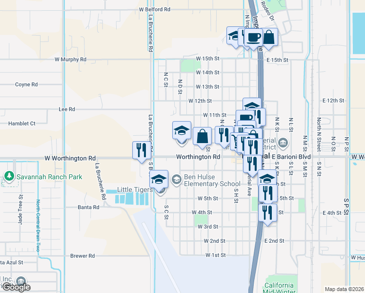 map of restaurants, bars, coffee shops, grocery stores, and more near 517 West Barioni Boulevard in Imperial