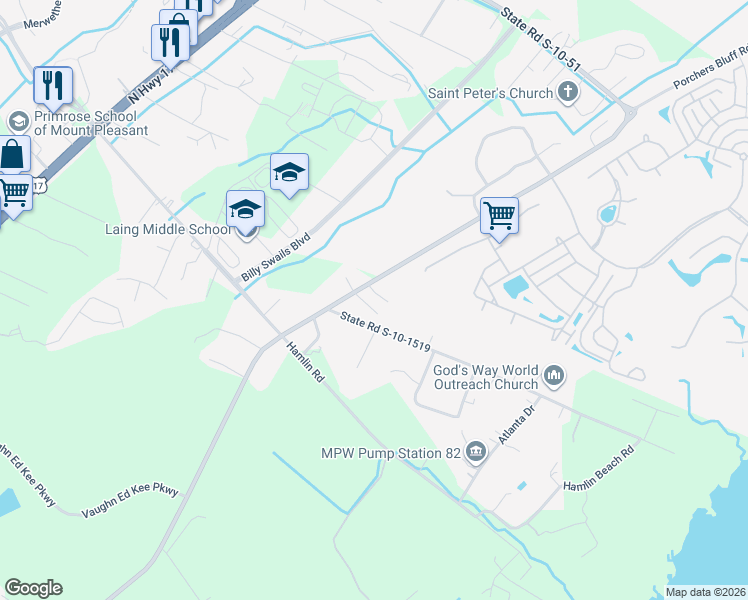 map of restaurants, bars, coffee shops, grocery stores, and more near 1422 Earthlee Lane in Mount Pleasant