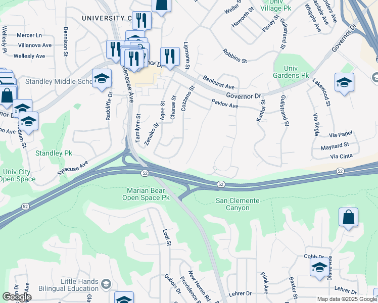 map of restaurants, bars, coffee shops, grocery stores, and more near 5852 Dirac Street in San Diego