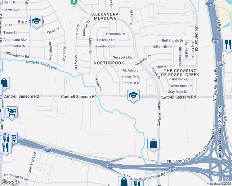 map of restaurants, bars, coffee shops, grocery stores, and more near 2350 Honeycomb Court in Fort Worth