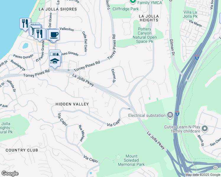 map of restaurants, bars, coffee shops, grocery stores, and more near 7713 Esterel Drive in San Diego
