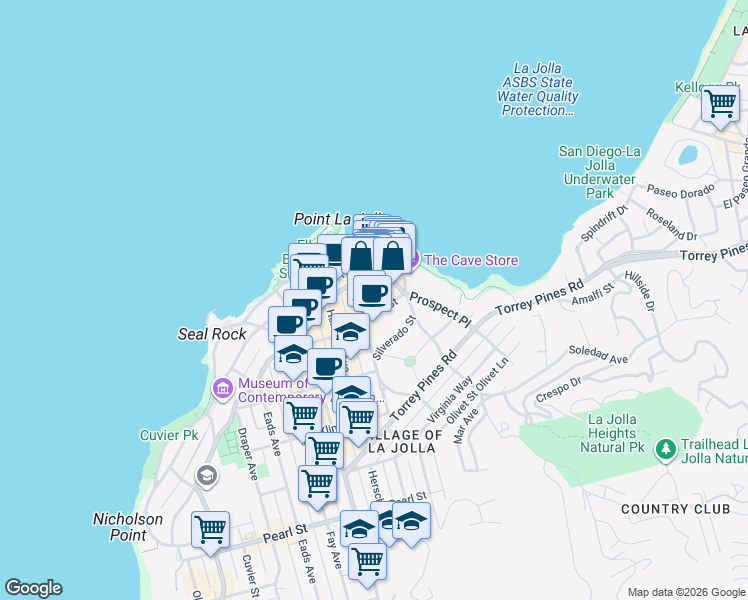 map of restaurants, bars, coffee shops, grocery stores, and more near 1229 Roslyn Lane in San Diego